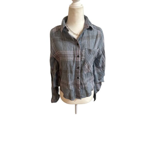 Free People Cropped Cutie Plaid Flannel Batwing Dolman Button Front Shirt - Picture 4 of 10